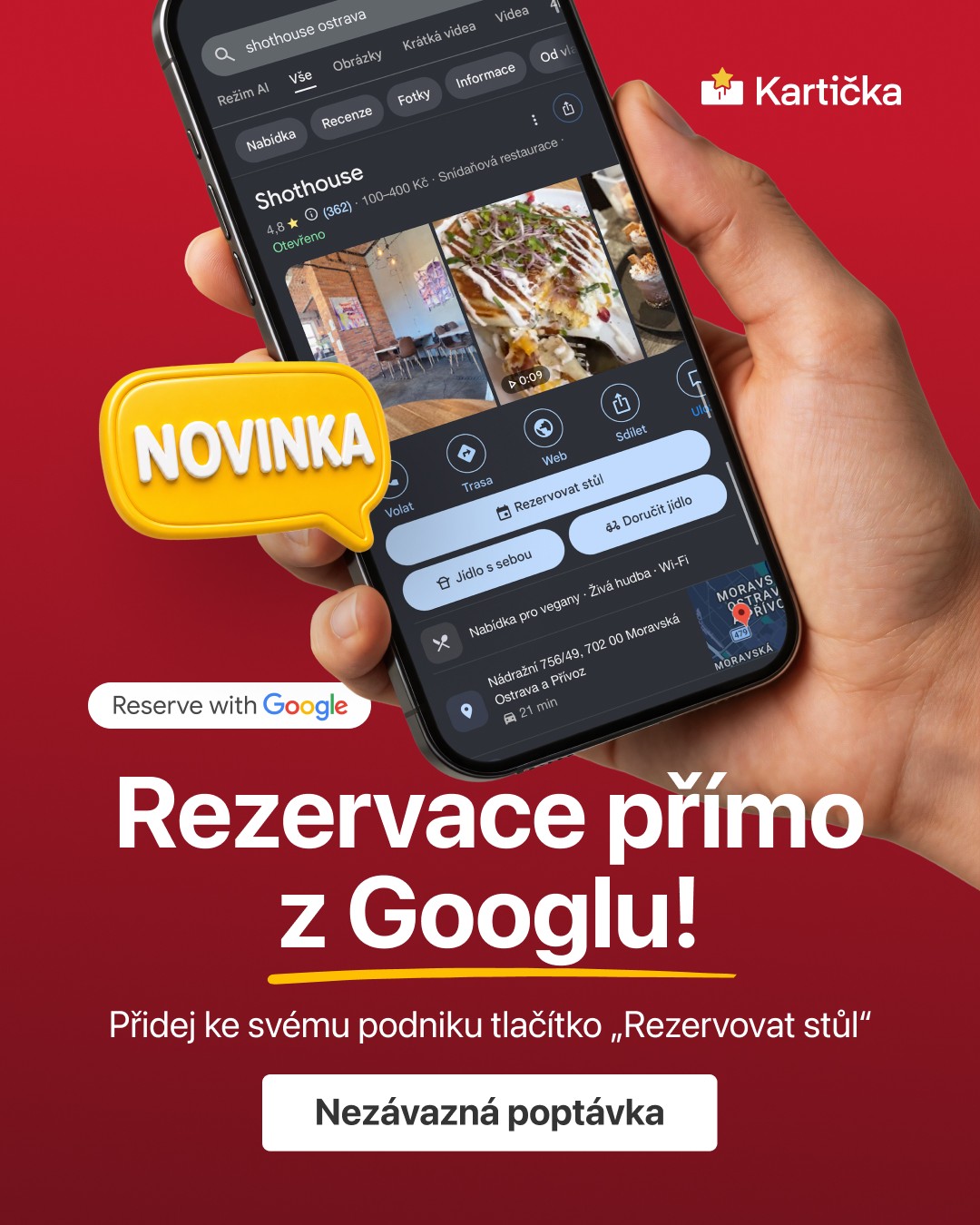 Rezervace přímo z Googlu: ruka drží telefon s profilem kavárny Shothouse na Googlu a tlačítkem Rezervovat stůl