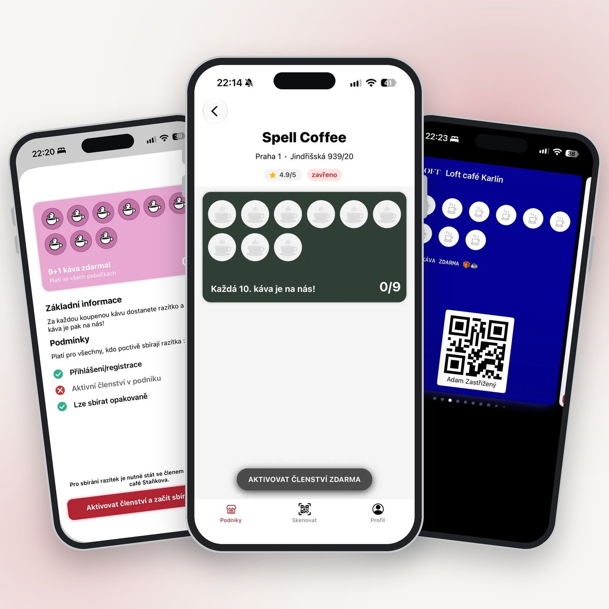 Tři telefony s Kartičkou: razítková karta kavárny, detail razítkové akce a karta v Apple Wallet