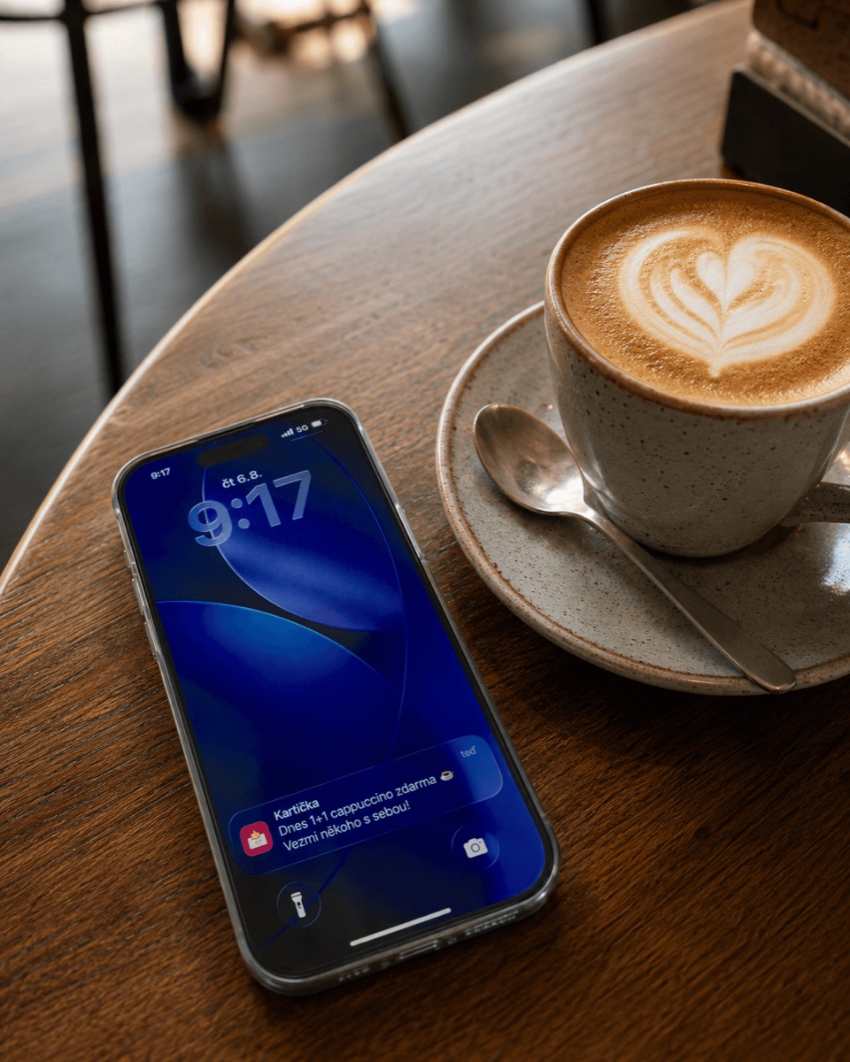 Telefon s push notifikací z Kartičky vedle cappuccina