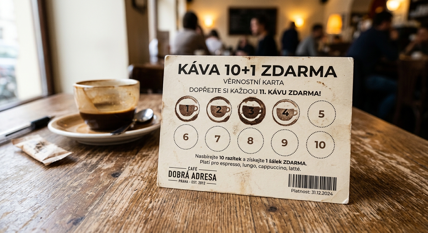 Papírová věrnostní kartička Káva 10+1 zdarma na stole v kavárně