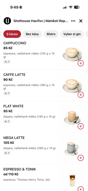 Menu podniku