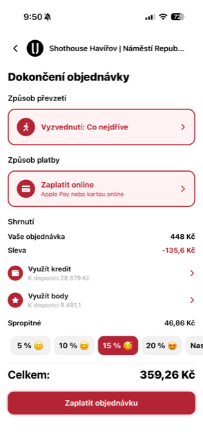 Dokončení objednávky v aplikaci