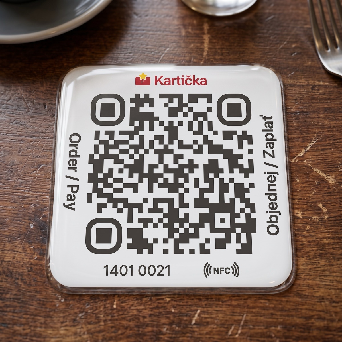 Bílá QR destička na stole